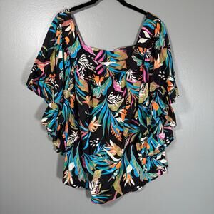Terra & Sky Black Colorful Tropical Flutter Sleeve Boho Top - Size 4X (28W-30W)